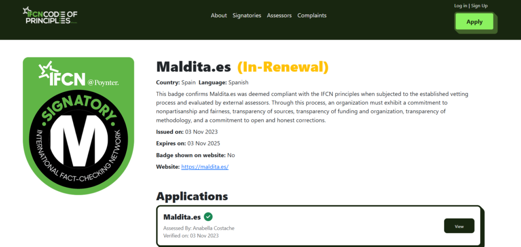 Maldita sigue manteniendo su certificación como miembro del IFCN pese a que caduco el 3 de noviembre de 2025