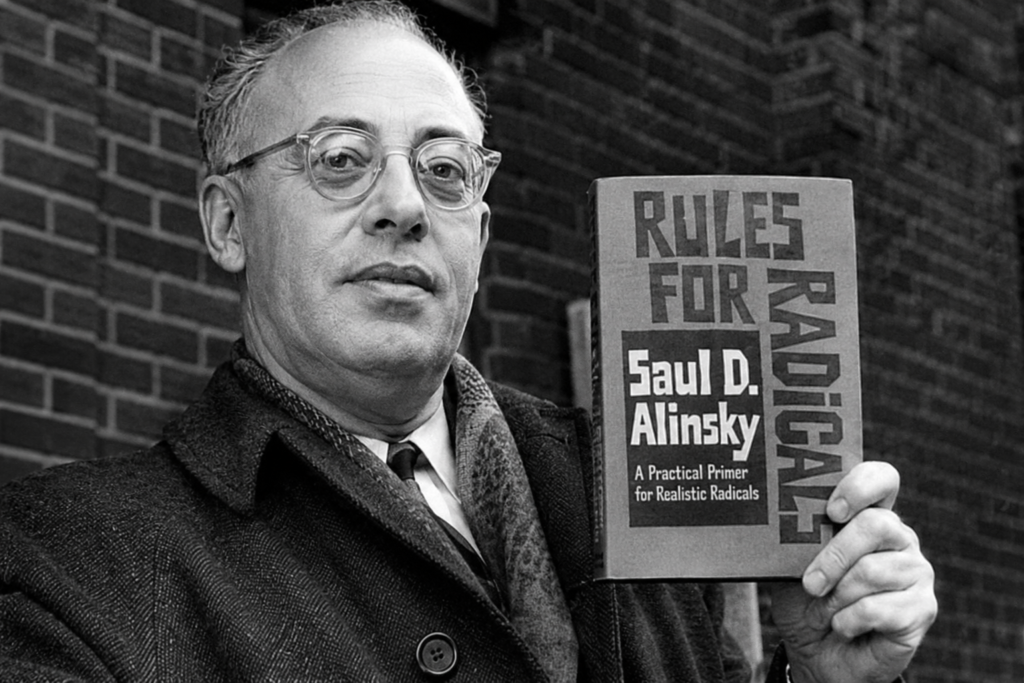 Retrato de Saul Alinsky junto a una edición de Tratado para radicales y un fondo urbano político