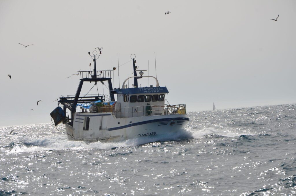 Fotografía real de un pesquero faenando en el mar de Alborán o de un barco palangrero español descargando pez espada.